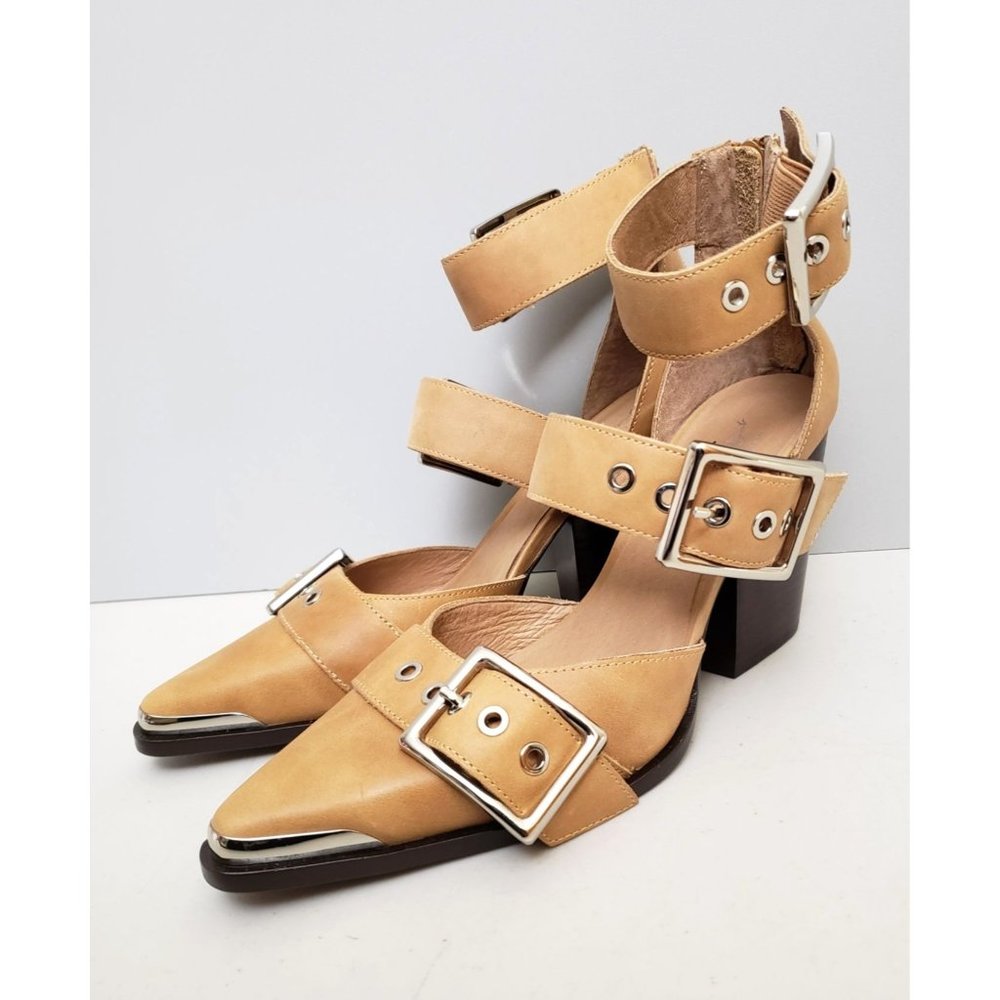 Free People Jeffrey Campbell Hendrix Tan Leather Buckle Heels - Picture 1 of 4